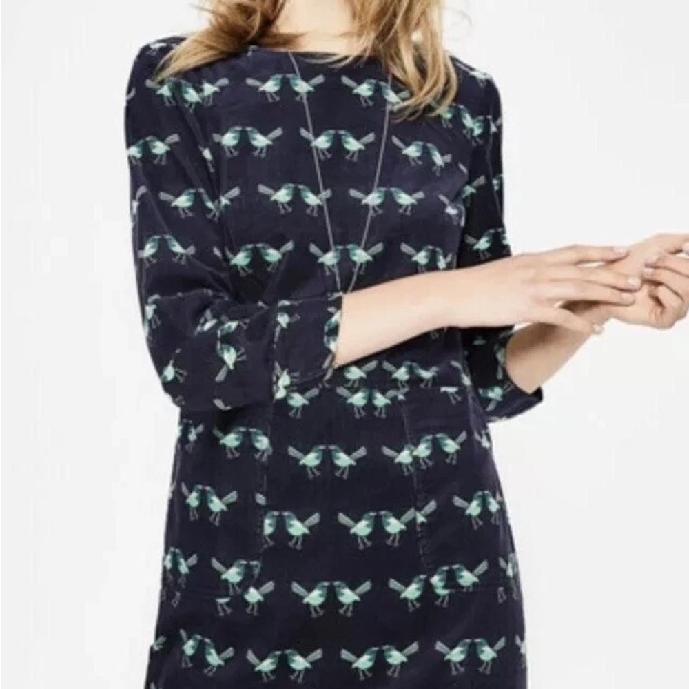 Boden Corduroy Love Bird Print Dress|Size 2|Navy Blue|Pockets|3/4 Sleeves|Work